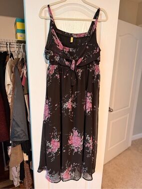 Free People Black Midi Dress with Pink Floral Print